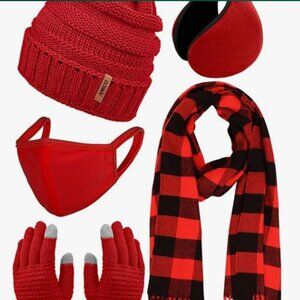 Winter Warm Sets Buffalo Plaid Scarf Knitted Beanie Hat Gloves Earloop Warm Cove